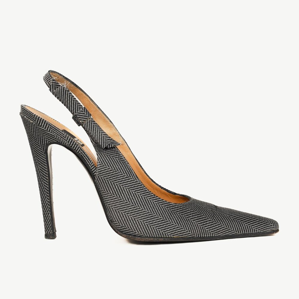 Gianfranco Ferre Silver & Black Metallic Herringbone Slingback Heels